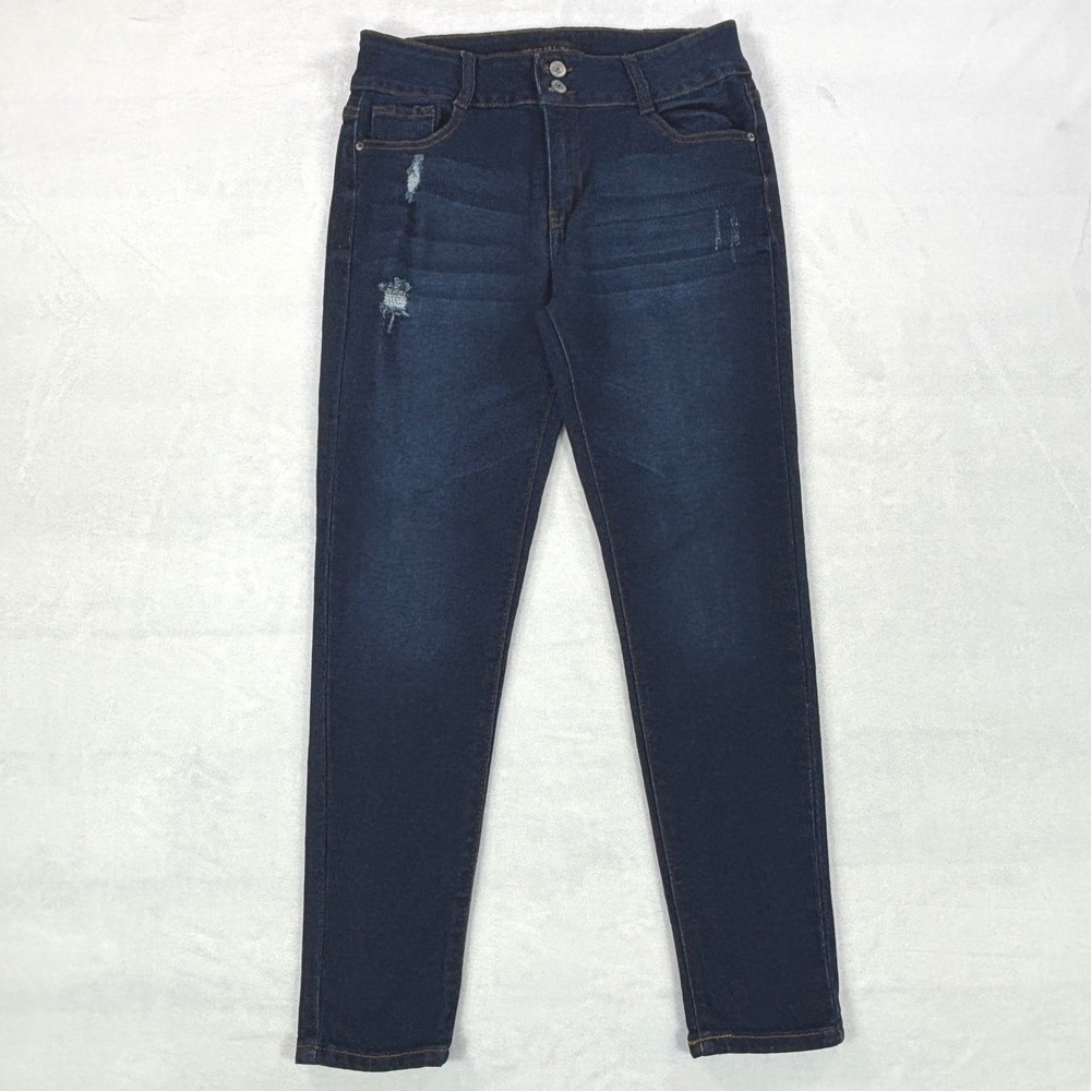 Crystal Rock Womens Distressed Dark Wash Skinny Jeans High Rise Size 13 Blue